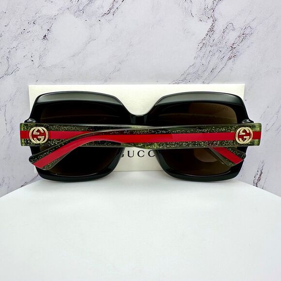 New Gucci Sunglasses Black Square Red Green Web Arms Gold Metal GG Logo - Picture 5 of 16